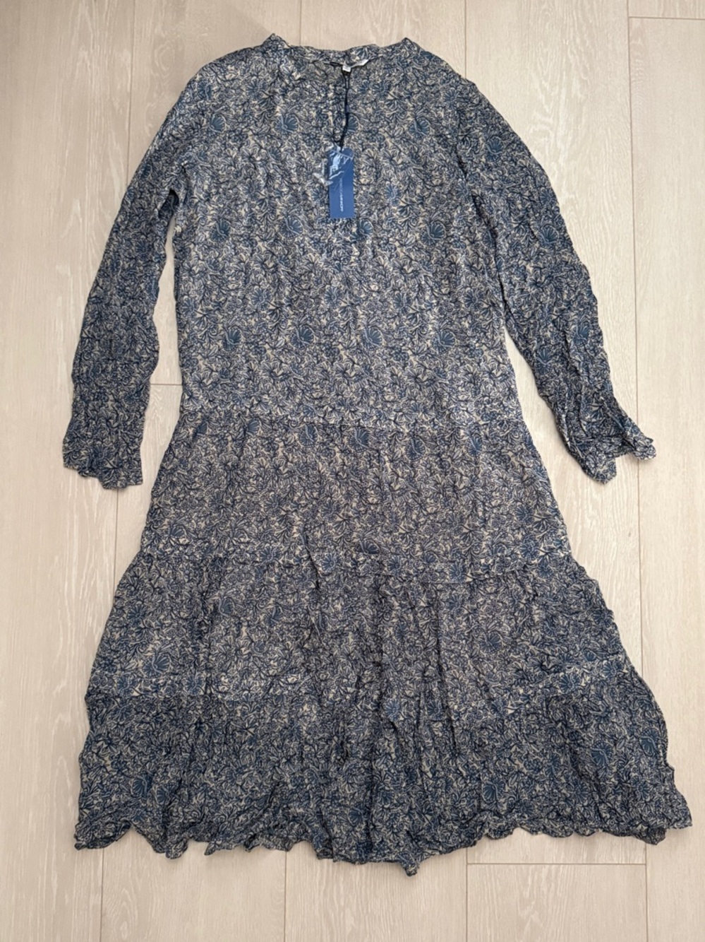 Rebecca Minkoff Blue Floral Long-Sleeve Tiered Midi Dress